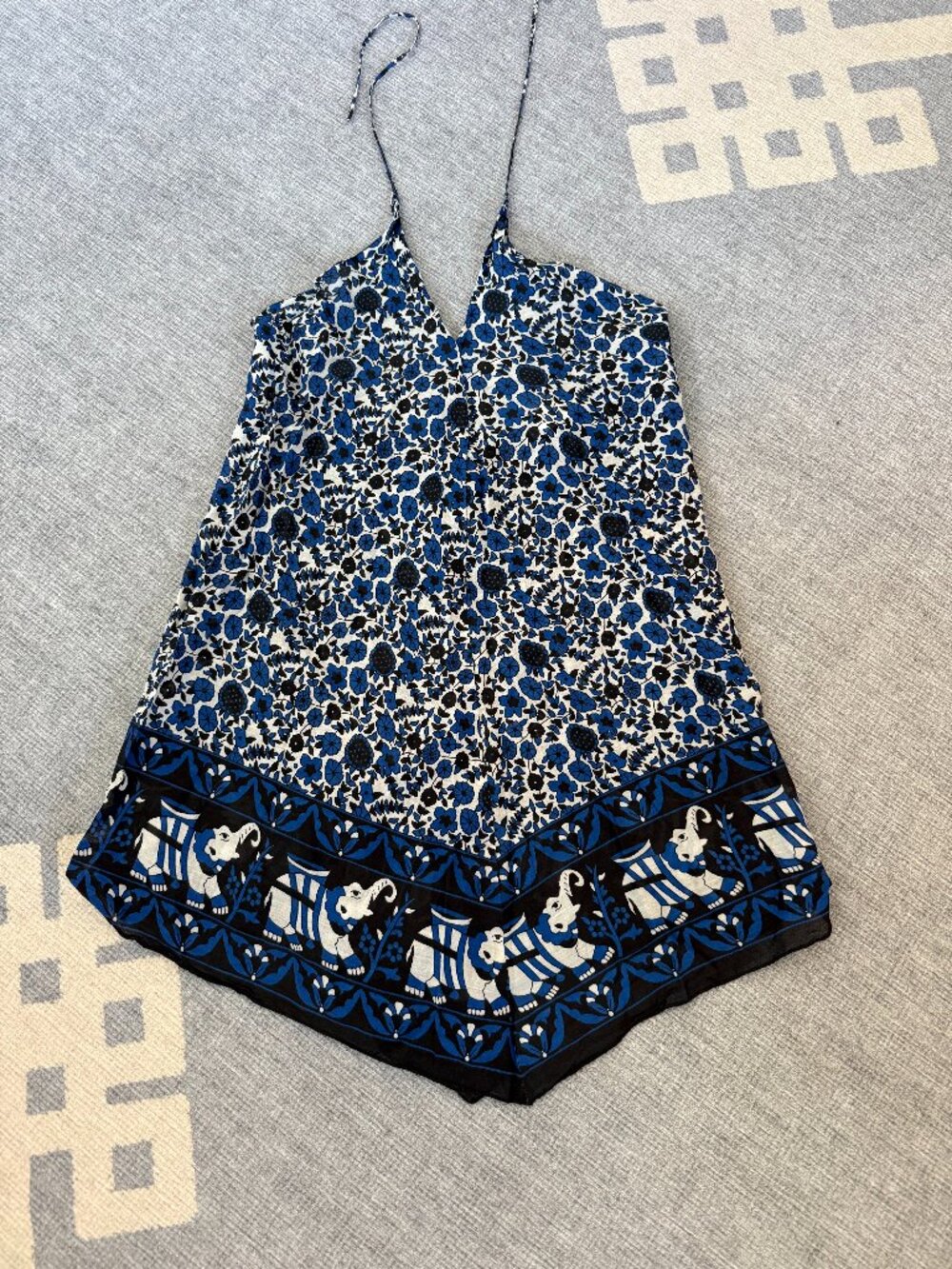 Band of Gypsies Romper Women Small Blue White Cotton Floral Elephant Hem Halter